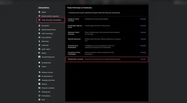 Jak zablokować konto FB? W ustawieniach Facebooka, w sekcji "Twoje informacje na Facebooku", znajdź opcję "Dezaktywacja i usuwanie".