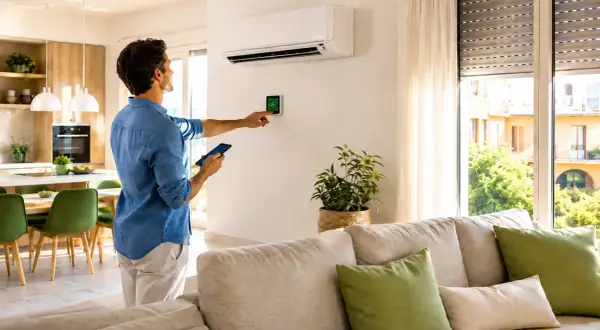 Uomo controlla termostato smart e smartphone, scoprendo nuovi modi per risparmiare energia in casa.