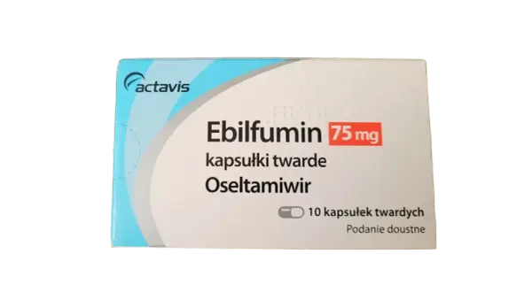 Opakowanie leku Ebilfumin 75 mg, zawierającego oseltamiwir. 10 kapsułek twardych do podania doustnego.
