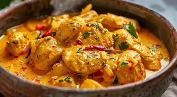 En krämig kycklingcurry med bitar av chili och färsk persilja. En härlig rätt som visar vad som kan innehålla curry.