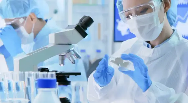 Forscher im Labor untersuchen Proben unter dem Mikroskop. Ihr **virologie studium** bringt sie der Entschlüsselung von Krankheiten näher.