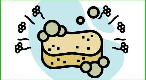 Spugna gialla con bolle di sapone e simboli floreali, evoca un ammorbidente con acido citrico per un bucato fresco.