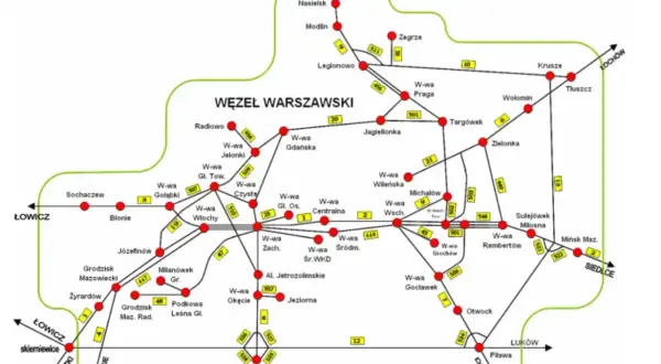 Mapa węzła warszawskiego z zaznaczonymi trasami, m.in. ic batory trasa.