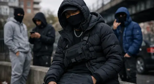 Młodzi mężczyźni w kapturach i maskach, jeden z nich to drillowiec z torbą na piersi.