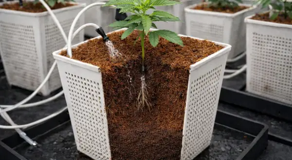Piantina in vaso con sistema di irrigazione a goccia. Le radici crescono sane e forti grazie al substrato e alla tecnologia FloraFlex.