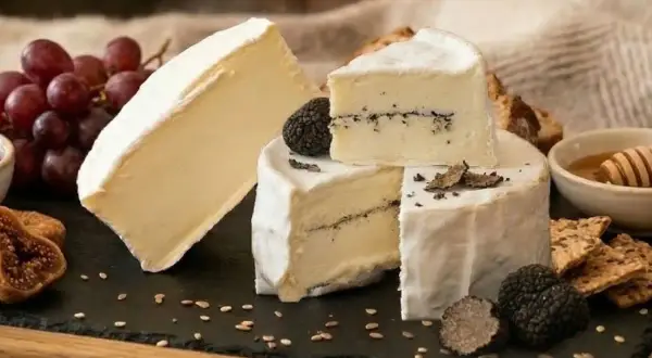 Un délice de brie à savarin, parsemé de truffes noires, accompagné de raisins, figues et miel.