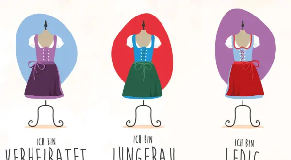 Drei Dirndl zeigen den Schleifencode: links verheiratet, Mitte Jungfrau, rechts ledig.