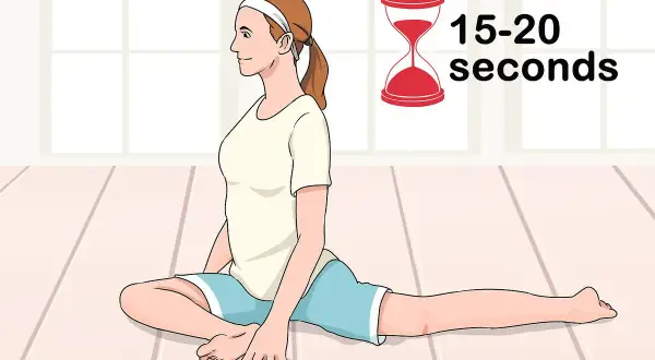 A woman performs a windshield wiper stretch, holding the pose for 15-20 seconds.