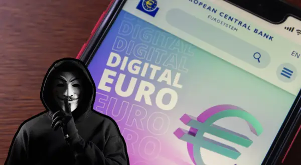 Tajemnicza postać w masce Guy Fawkesa szepcze o cyfrowym euro, nowej formie CBDC.