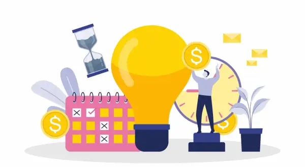 Calendario con segnate le giornate lavorative e un'idea luminosa. Un promemoria per il preavviso turni di lavoro, con clessidra e monete.