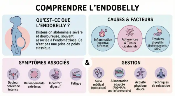 Infographie expliquant l'endobelly, ses causes (inflammation, adhérences, troubles digestifs) et symptômes (douleur, ballonnements, fatigue). Un témoignage endométriose digestive est illustré.