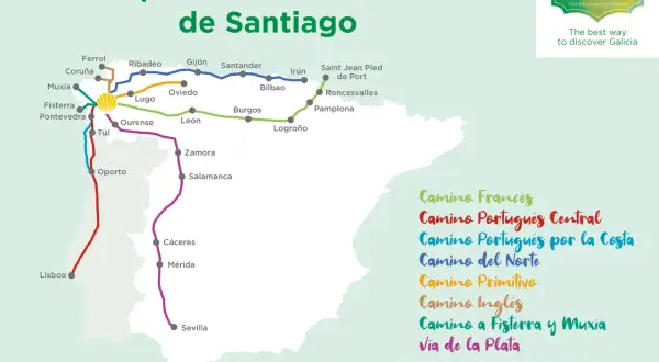 Mapa de las principales rutas del Camino de Santiago, mostrando su recorrido y los puntos clave. El Camino se hace por motivos espirituales, culturales o de superación personal.