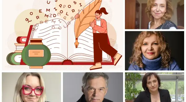 Ilustracja z otwartą księgą i piórem, obok portrety kobiet i mężczyzny. Moim zdaniem to panel dyskusyjny.
