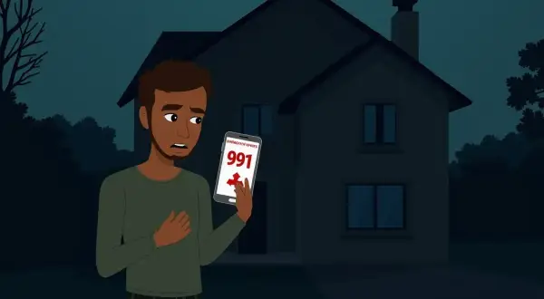 Zmartwiony mężczyzna trzyma telefon z numerem 991, próbując zgłosić awarię prądu Tauron.