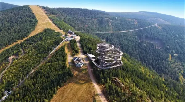Widok na Sky Walk i najdłuższy most w Czechach, zawieszony nad lasem.