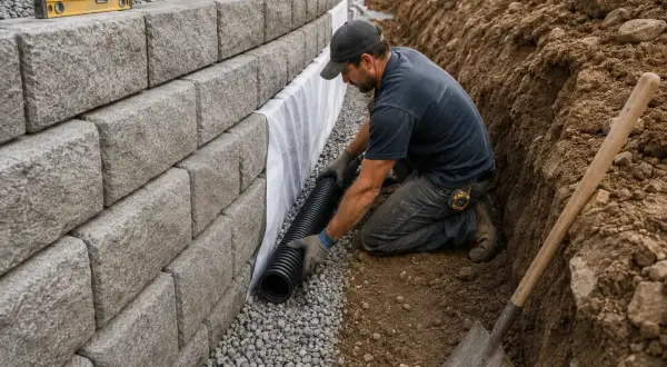 Un ouvrier installe une canalisation eaux usées enterrée le long d'un mur de soutènement en blocs de béton.