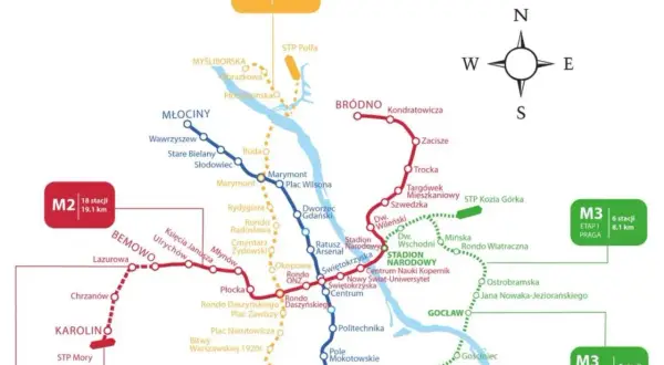 Mapa metra w Warszawie: linie M1 (niebieska), M2 (czerwona) i M4 (żółta) z zaznaczonymi stacjami i odległościami.