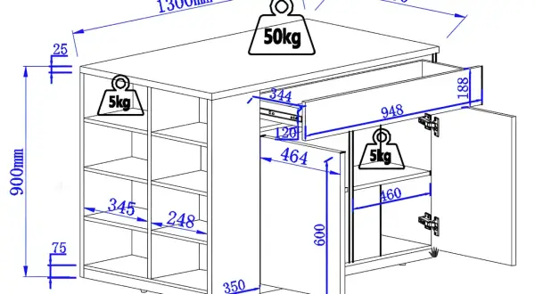 Schéma technique d'un îlot central de cuisine. Dimensions : 1300x650x900mm. Charge max 50kg.