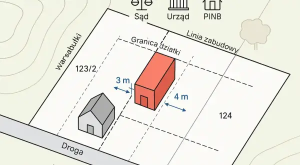 Mapa pokazuje działkę z budynkami i odległościami. W przypadku naruszenia granicy działki, można zgłosić sprawę do Sądu, Urzędu lub PINB.
