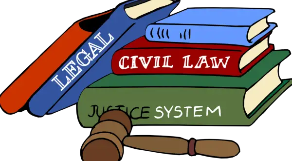 Libri di legge, martelletto da giudice e la scritta "Civil Law" per la disdetta contratto di locazione commerciale.