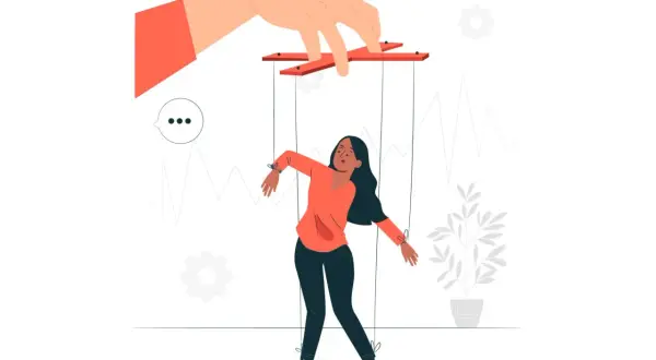 Una marionetta umana controllata da una mano gigante, simboleggia la difficoltà di avere tutto sotto controllo psicologia.