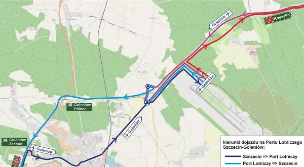 Mapa pokazuje dojazd do lotniska w Goleniowie z różnych kierunków, w tym ze Szczecina i Koszalina.