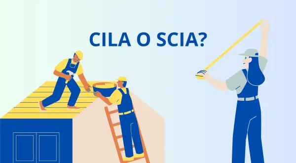 Lavoratori edili sul tetto, uno con martello, l'altro con secchio. Una donna misura con un metro. La domanda è: CILA o SCIA?