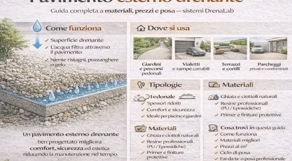 Pavimento esterno drenante: l'acqua filtra attraverso, niente ristagni. Ideale per giardini, vialetti e parcheggi. Un asfalto permeabile che migliora comfort e sicurezza.