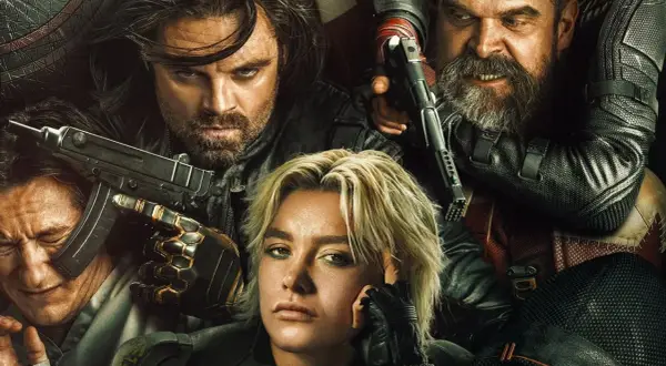 Die Besetzung von Thunderbolts* versammelt sich: Bucky Barnes, Yelena Belova, Red Guardian und S.H.I.E.L.D.-Agenten mit Waffen.