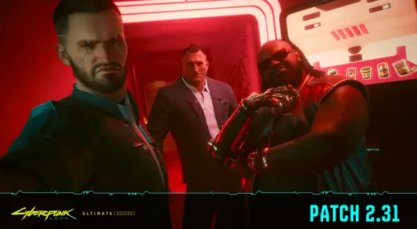 Trzech mężczyzn w neonowym korytarzu. Zbliża się aktualizacja Cyberpunk 2077 Patch 2.31.