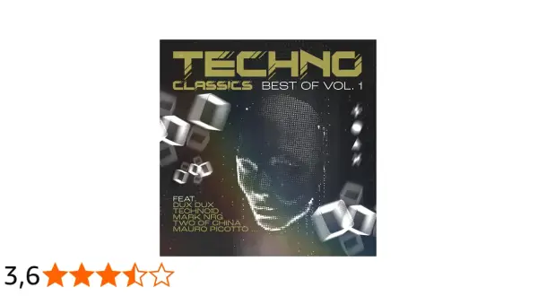 Copertina di "Techno Classics Best of Vol. 1", con un volto stilizzato e cubi fluttuanti. Un must per gli amanti della musica techno famosa.