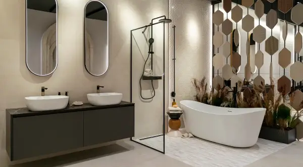 Une salle de bain zen avec double vasque, douche à l'italienne et baignoire îlot. Ambiance apaisante et naturelle.
