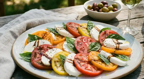 En vacker caprese-sallad med skivade tomater i olika färger, mozzarella och basilika, perfekt för ett sommarrecept.