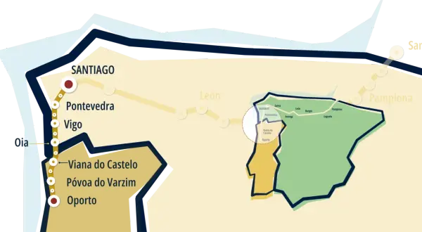 Mapa ilustra el camino de Santiago Portugal, con ciudades como Oporto, Viana do Castelo, Vigo, Pontevedra y Santiago.