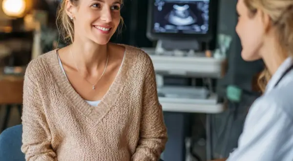 Mujer sonríe mientras habla con su doctora, quien mira una ecografía. Es el momento perfecto para saber cuando decir que estas embarazada.