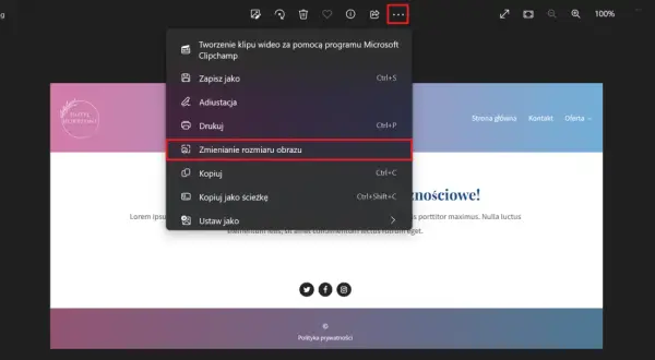 Menu kontekstowe z opcją "Zmienianie rozmiaru obrazu", przydatne, gdy chcesz dostosować wymiary pliku.