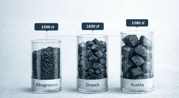 Porównanie cen węgla na składach: ekogroszek 1500 zł, orzech 1630 zł, kostka 1580 zł.