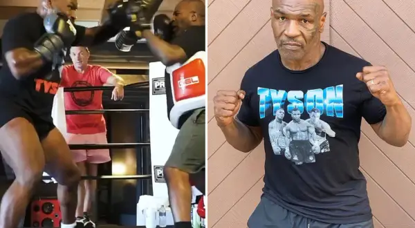 Mike Tyson training in a boxing ring, showcasing his legendary mike tyson punch strength. The right side shows him posing in a Tyson t-shirt.