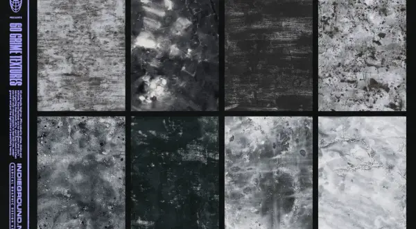 Eight grunge art style textures, featuring distressed, stained, and gritty surfaces in shades of black and white.