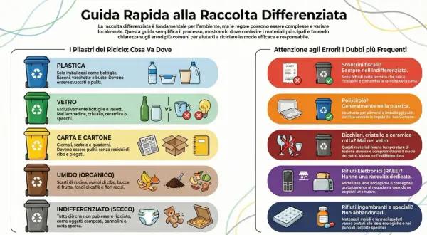 Guida rapida alla raccolta differenziata: plastica, vetro, carta, organico e indifferenziato. Impara dove gettare ogni rifiuto per una corretta ricerca.