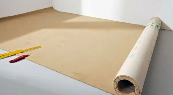 Werkzeug liegt bereit für das Teppich verlegen. Ein Teppichboden wird ausgerollt, daneben ein Zollstock und ein Cuttermesser.