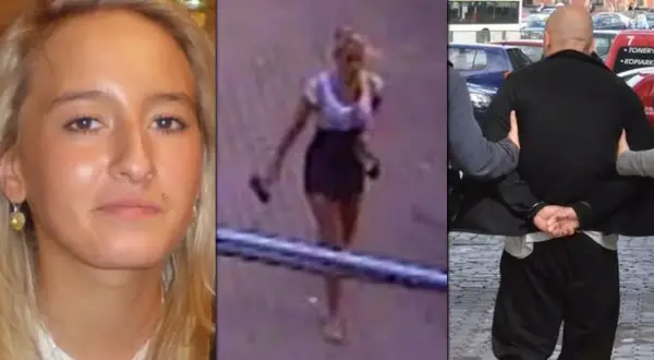 Iwona Wieczorek odnaleziona. Trzy ujęcia: twarz młodej kobiety, jej sylwetka na monitoringu, mężczyzna w kajdankach.