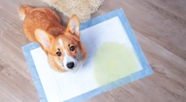 Ein Corgi sitzt auf einer Welpenunterlage, die einen kleinen Fleck hat. Ein süßer Hund mit Inkontinenz, der auf die Unterlage macht.