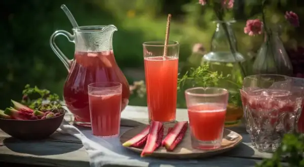 En härlig sommardukning med rabarbersaft i en karaff och glas. Färska rabarberbitar och bär ligger i en skål.