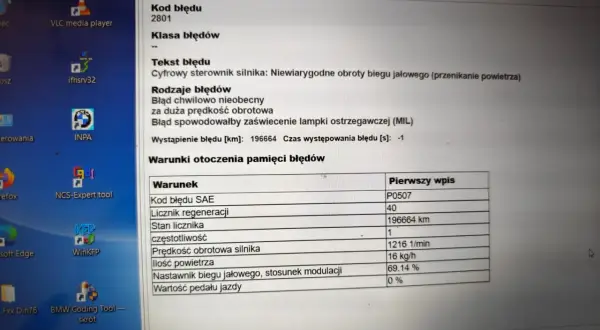 BMW P0507: Niewiarygodne obroty biegu jałowego, prawdopodobnie przez przenikanie powietrza. Błąd wystąpił przy 196664 km.