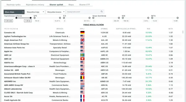 Skaner spółek pokazuje dane o kapitalizacji, P/E, ROE i Beta. Dowiedz się, biuro maklerskie co to jest i jak analizować spółki.