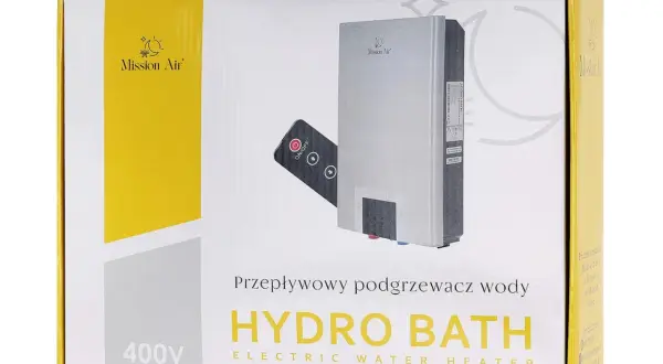 Opakowanie przepływowego podgrzewacza wody 18kW Hydro Bath marki Mission Air. W zestawie pilot zdalnego sterowania.