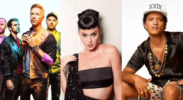 Coldplay, Katy Perry e Bruno Mars, icone delle canzoni inglesi famose moderne, in un collage vibrante.