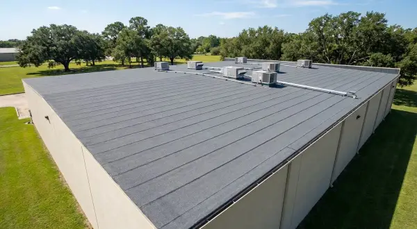 A commercial building with a durable SBS roofing system, featuring multiple HVAC units on its flat, grey surface.