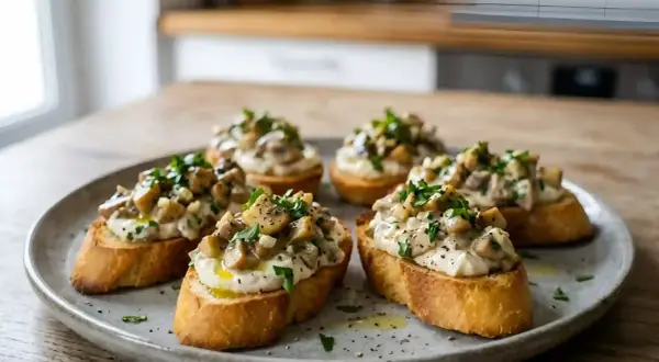 Bruschettas garnies de champignons crémeux et persil. Une idée de recette mascarpone salé rapide et délicieuse.